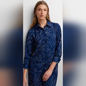 Simons Navy Blue Leaf Print Long Sleeve Shirt Tunic